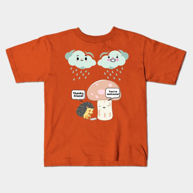 A kawaii hedgehog under a mushroom Kids T-Shirt by DacDibac